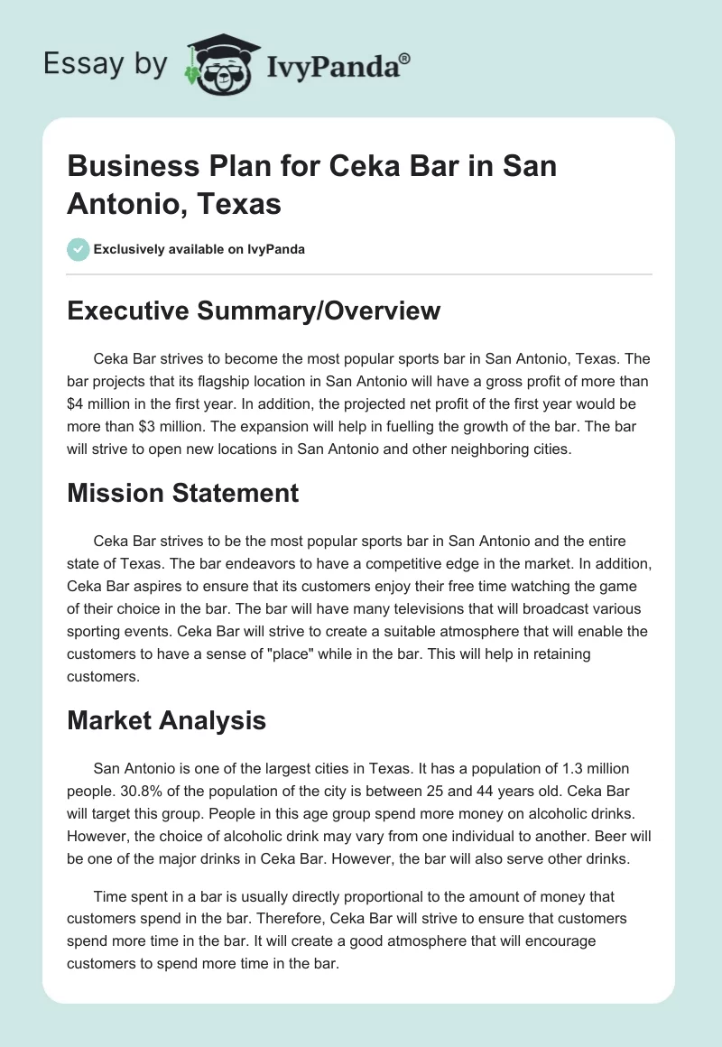 Business Plan for Ceka Bar in San Antonio, Texas. Page 1