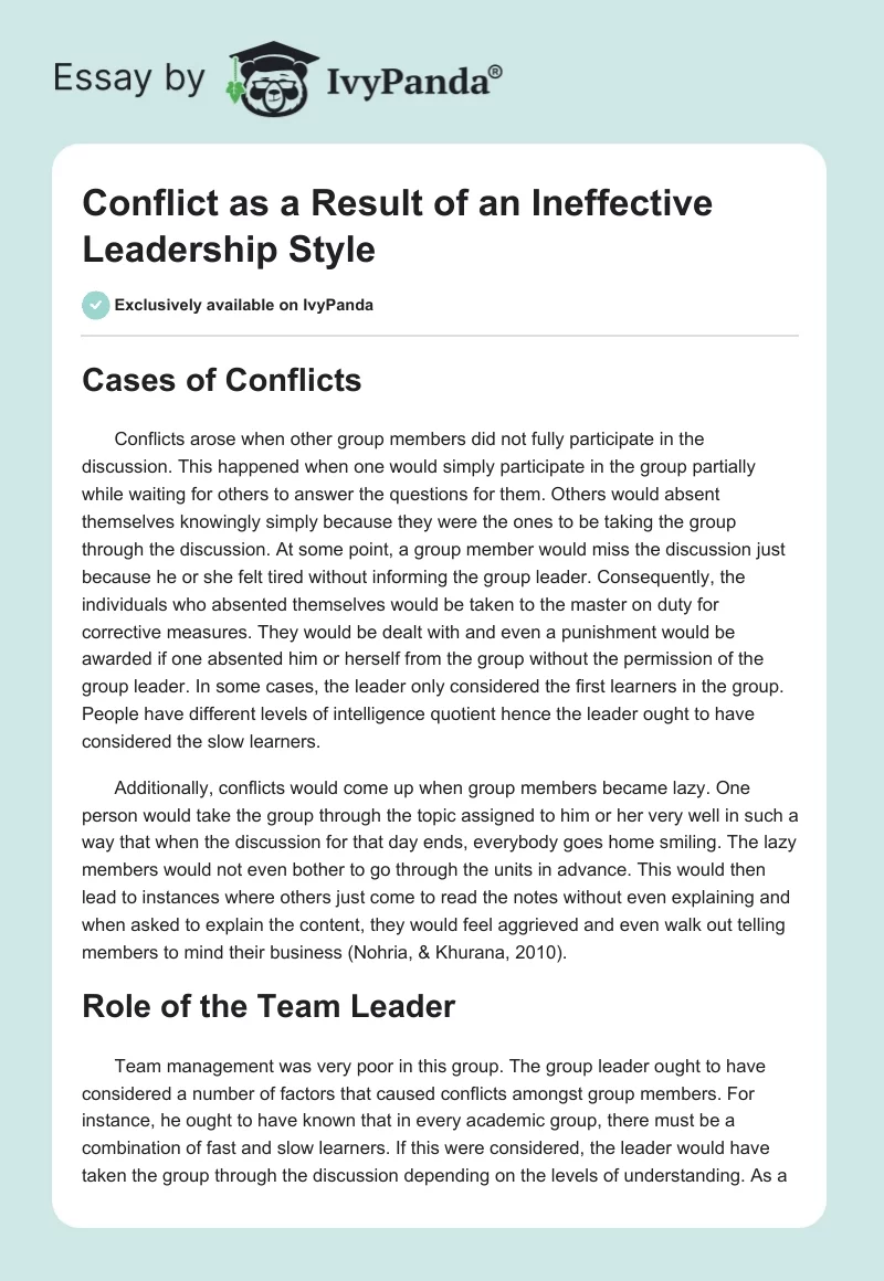 Conflict as a Result of an Ineffective Leadership Style. Page 1
