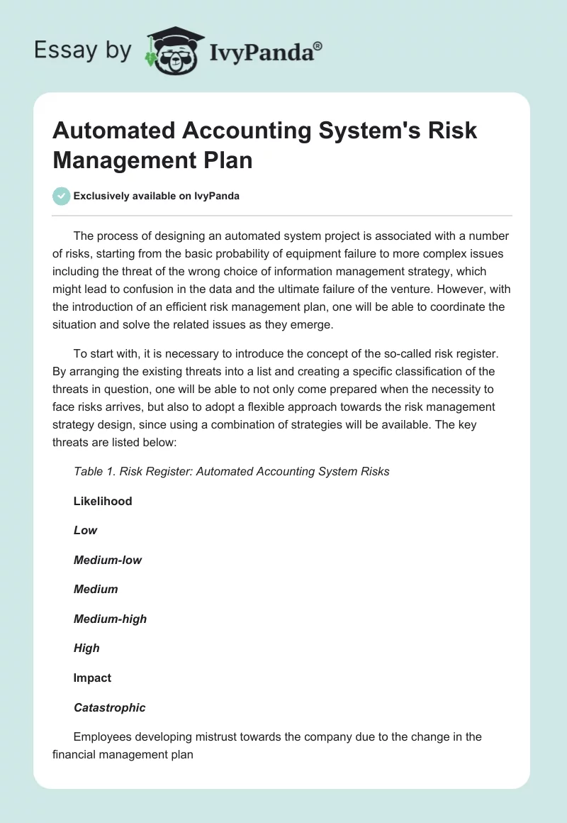 Automated Accounting System's Risk Management Plan. Page 1