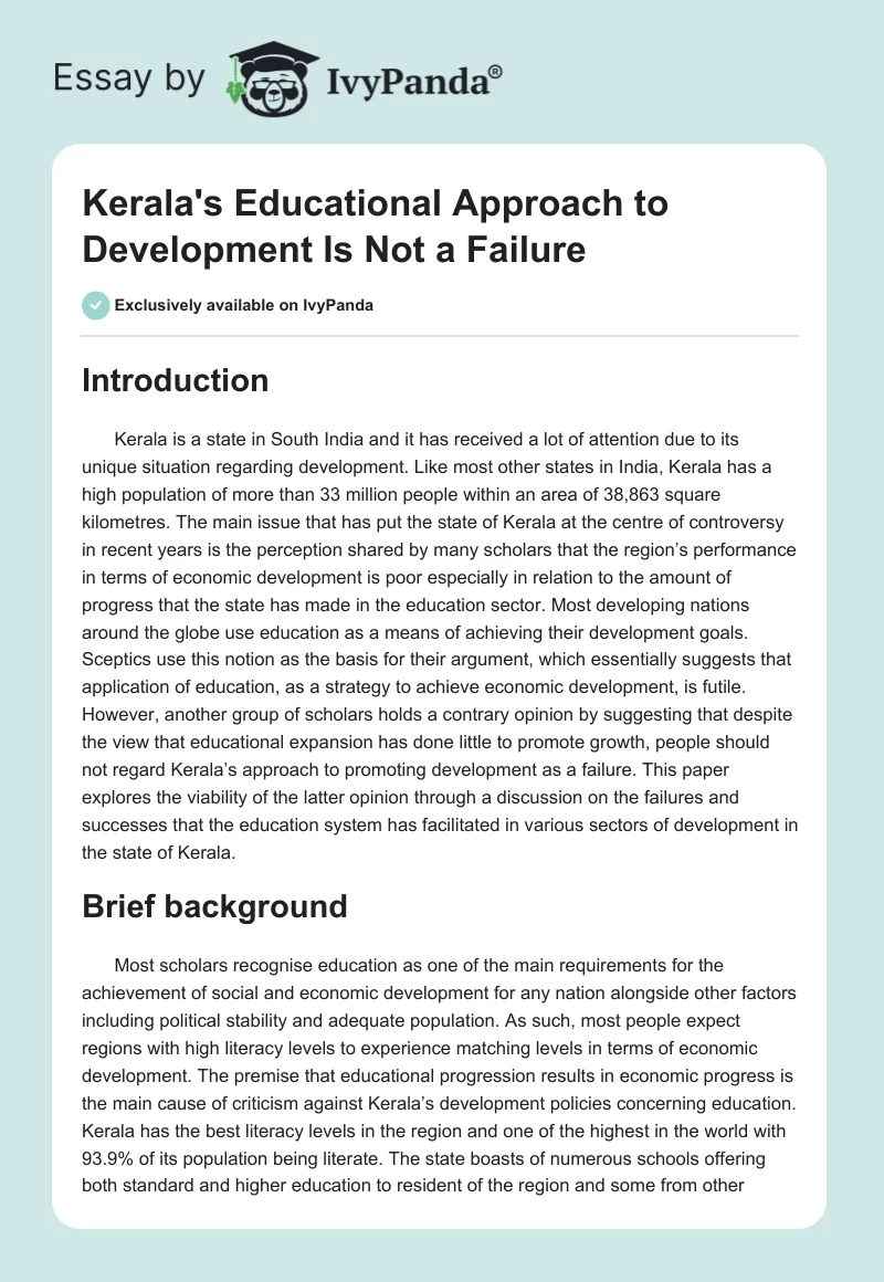Kerala's Educational Approach to Development Is Not a Failure. Page 1