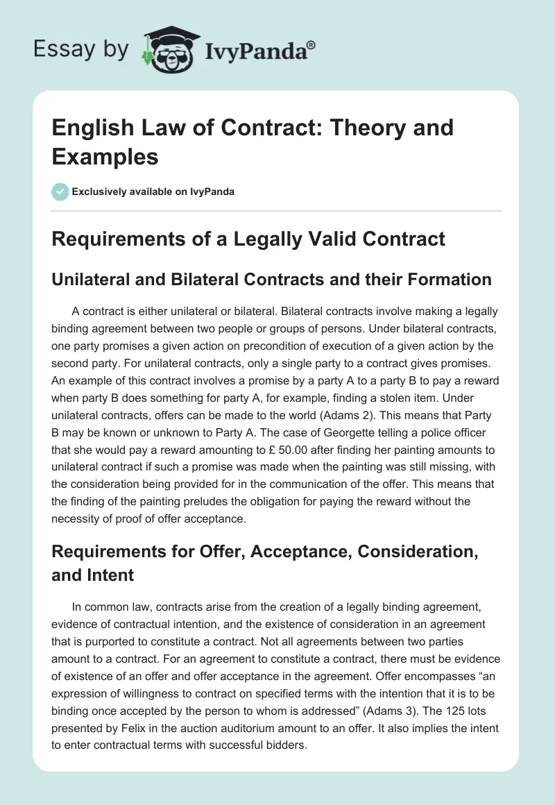 English Law of Contract: Theory and Examples. Page 1