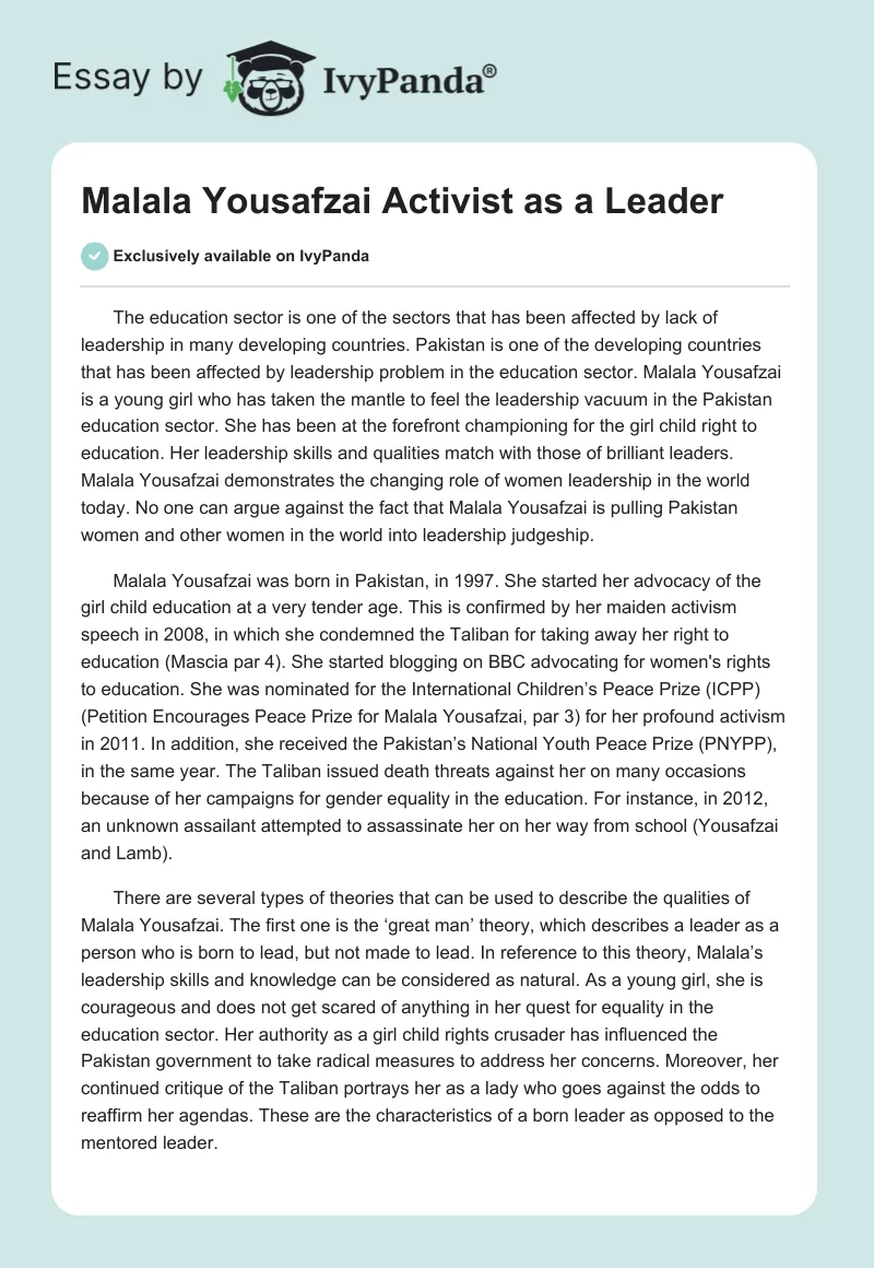 Malala Yousafzai Activist as a Leader. Page 1