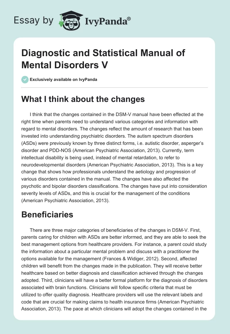 Diagnostic and Statistical Manual of Mental Disorders V. Page 1
