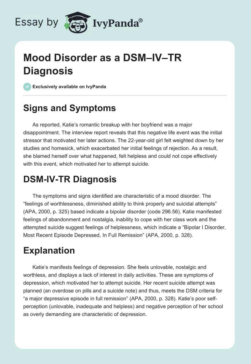 Mood Disorder as a DSM–IV–TR Diagnosis. Page 1