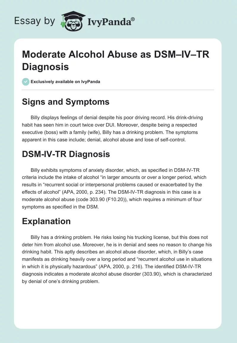 Moderate Alcohol Abuse as DSM–IV–TR Diagnosis. Page 1