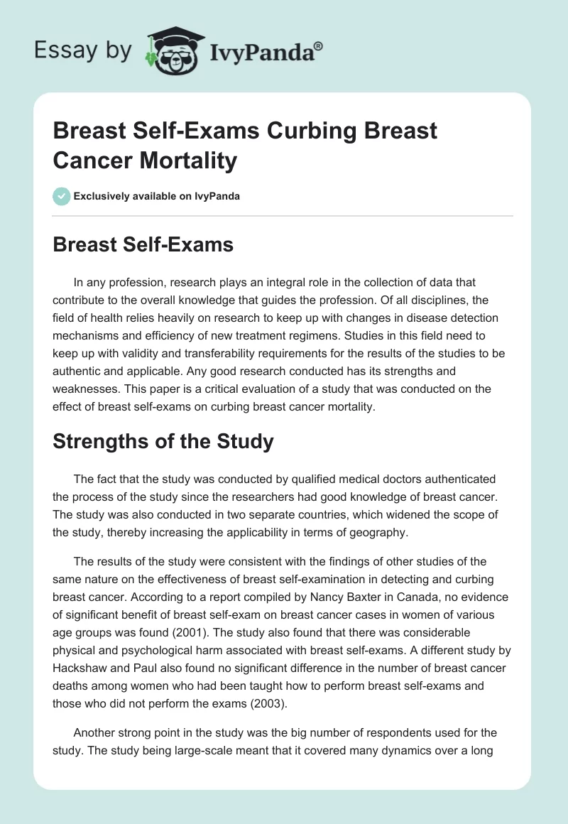 Breast Self-Exams Curbing Breast Cancer Mortality. Page 1