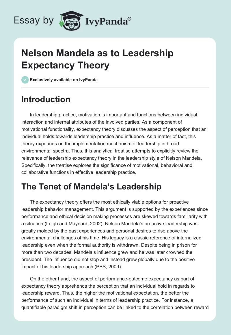 Nelson Mandela as to Leadership Expectancy Theory. Page 1