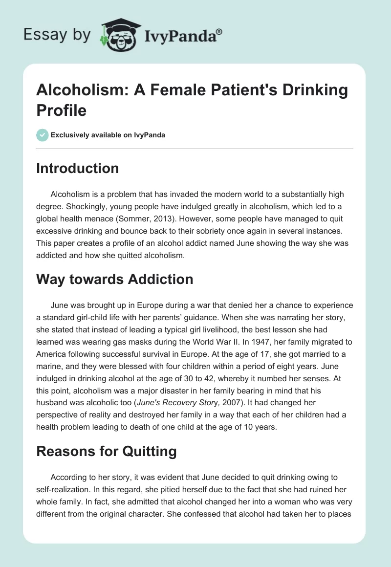 Alcoholism: A Female Patient's Drinking Profile. Page 1