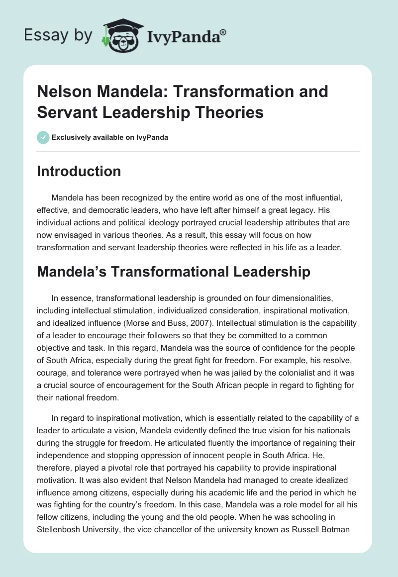 Nelson Mandela: Transformation and Servant Leadership Theories. Page 1