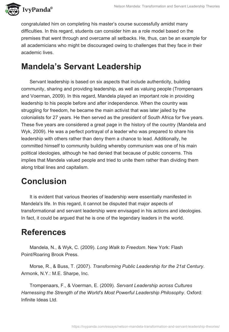 Nelson Mandela: Transformation and Servant Leadership Theories. Page 2