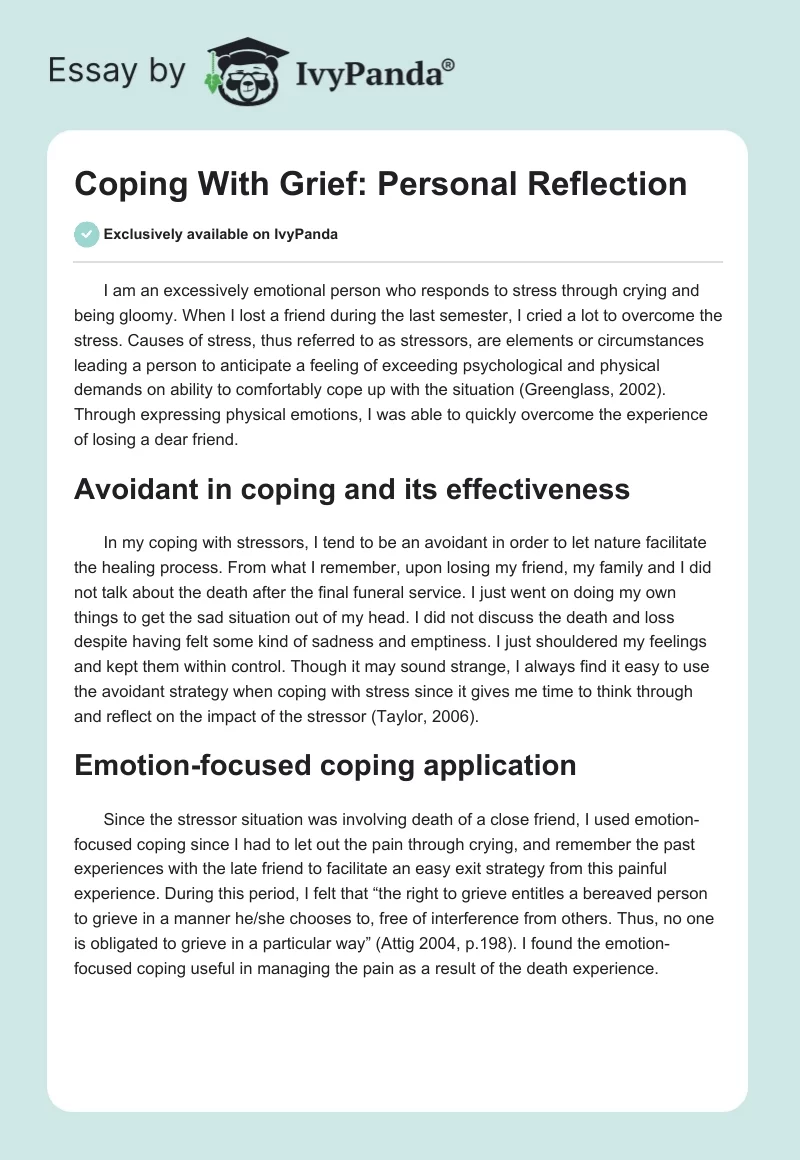 Coping With Grief: Personal Reflection. Page 1