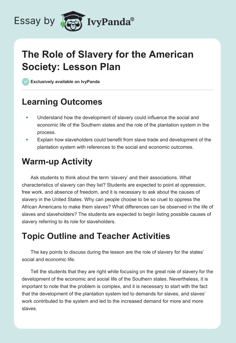 The Role of Slavery for the American Society: Lesson Plan. Page 1