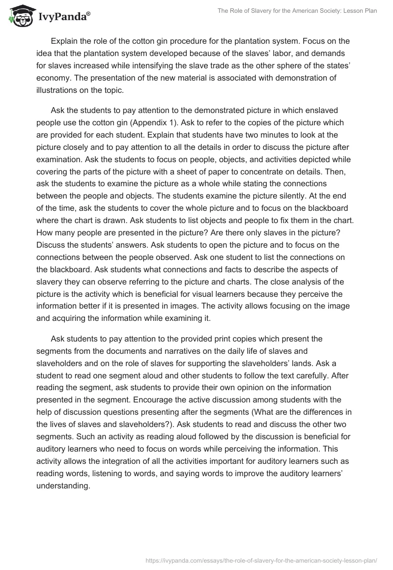 The Role of Slavery for the American Society: Lesson Plan. Page 2
