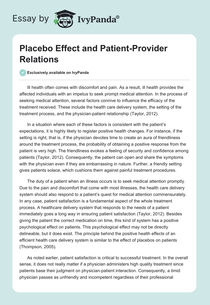 Placebo Effect and Patient-Provider Relations. Page 1