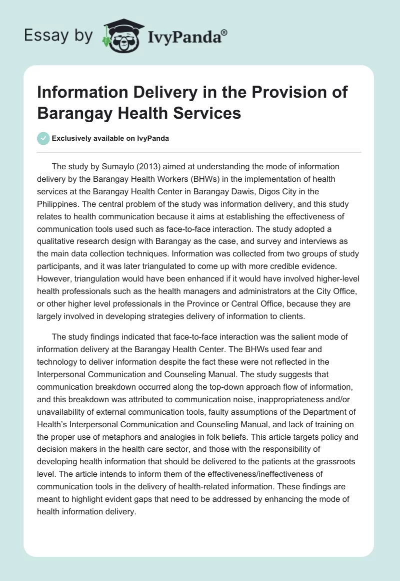 Information Delivery in the Provision of Barangay Health Services. Page 1