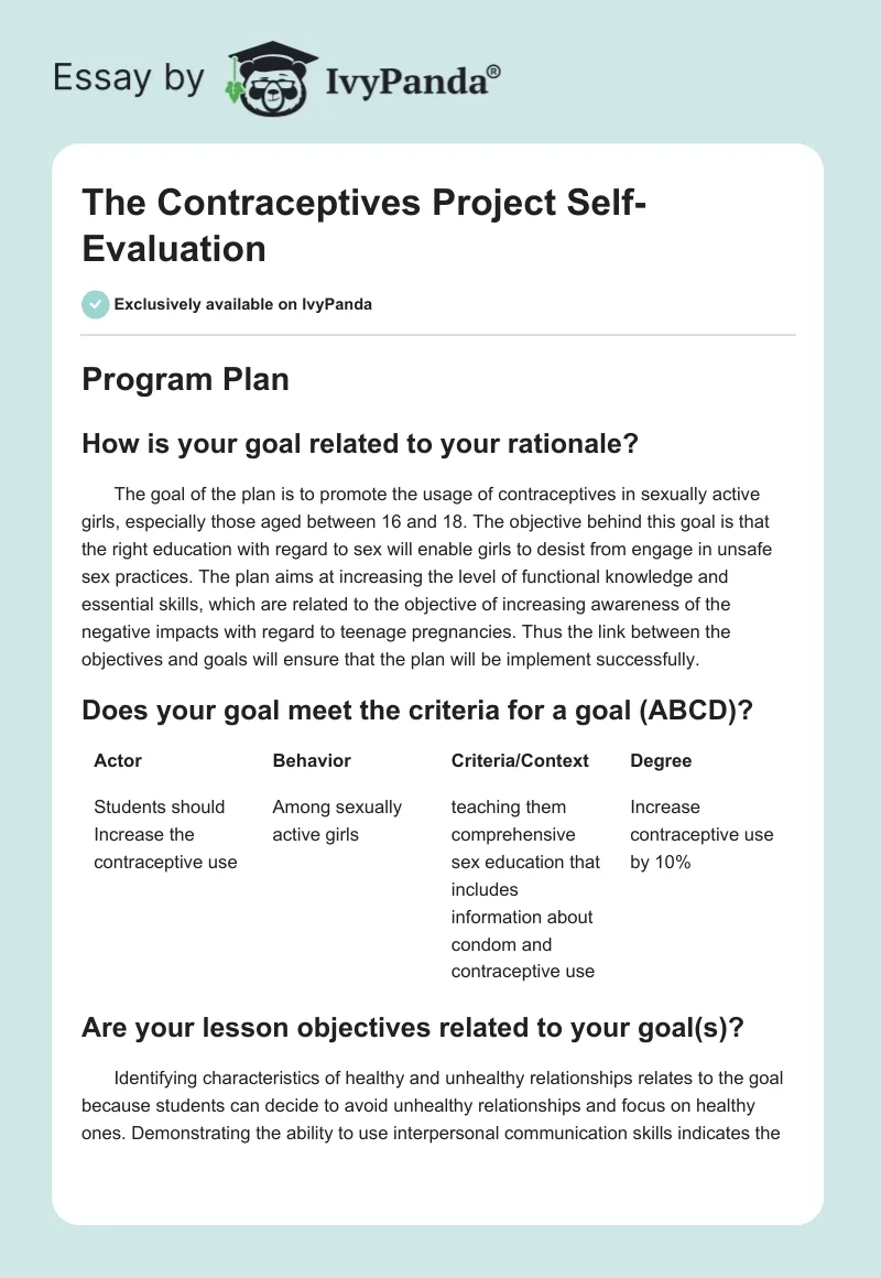 The Contraceptives Project Self-Evaluation. Page 1