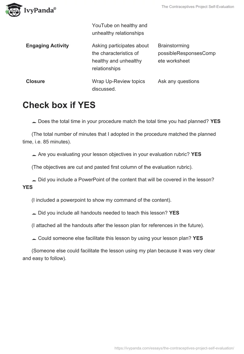 The Contraceptives Project Self-Evaluation. Page 5