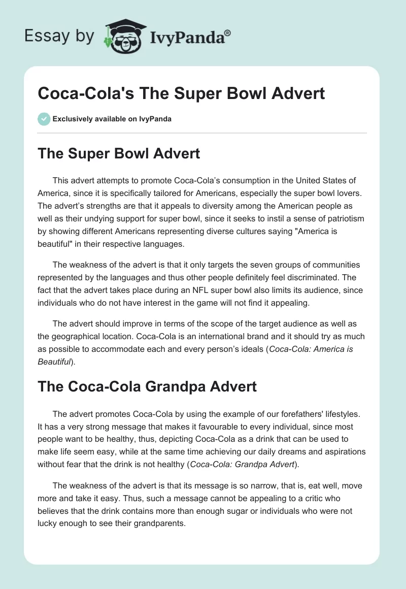 Coca-Cola's The Super Bowl Advert. Page 1