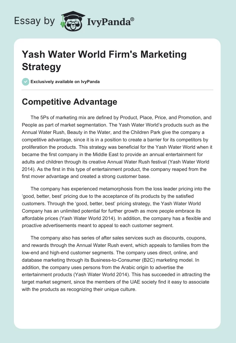 Yash Water World Firm's Marketing Strategy. Page 1