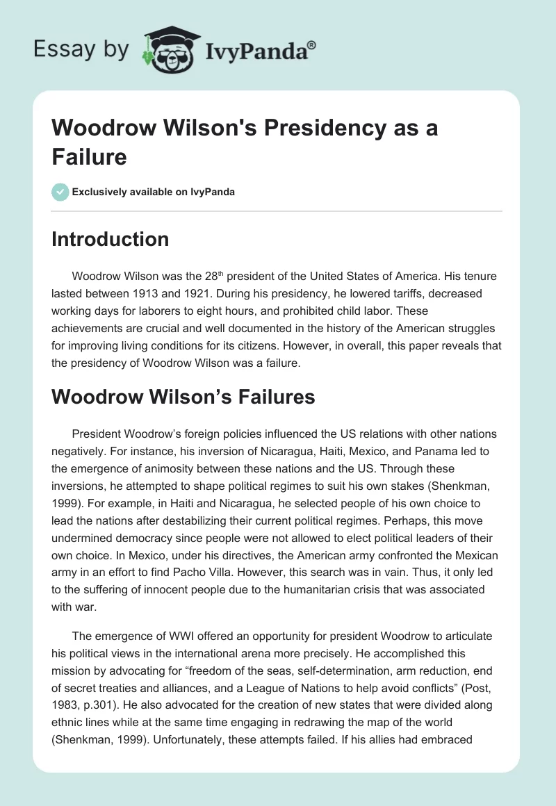 Woodrow Wilson's Presidency as a Failure. Page 1