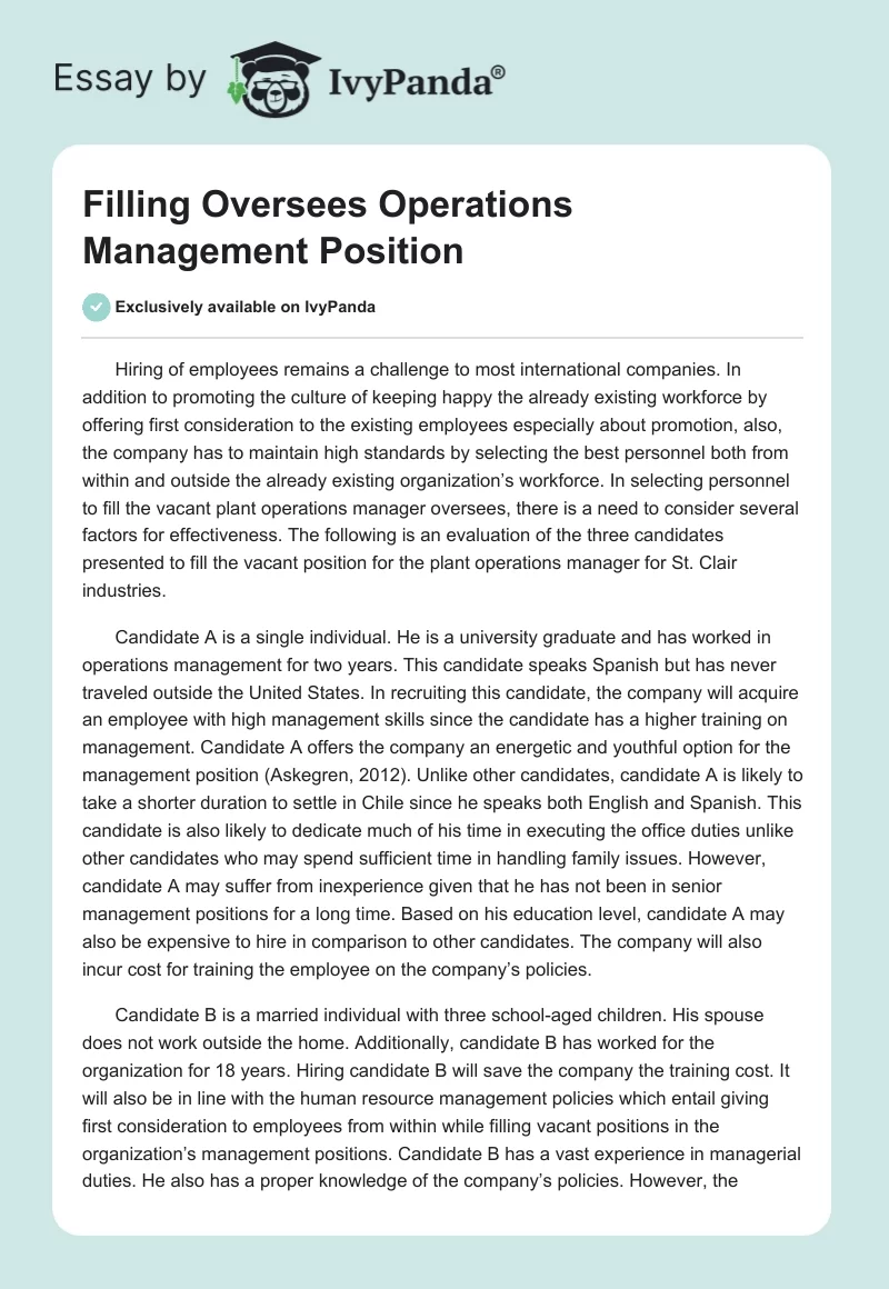 Filling Oversees Operations Management Position. Page 1