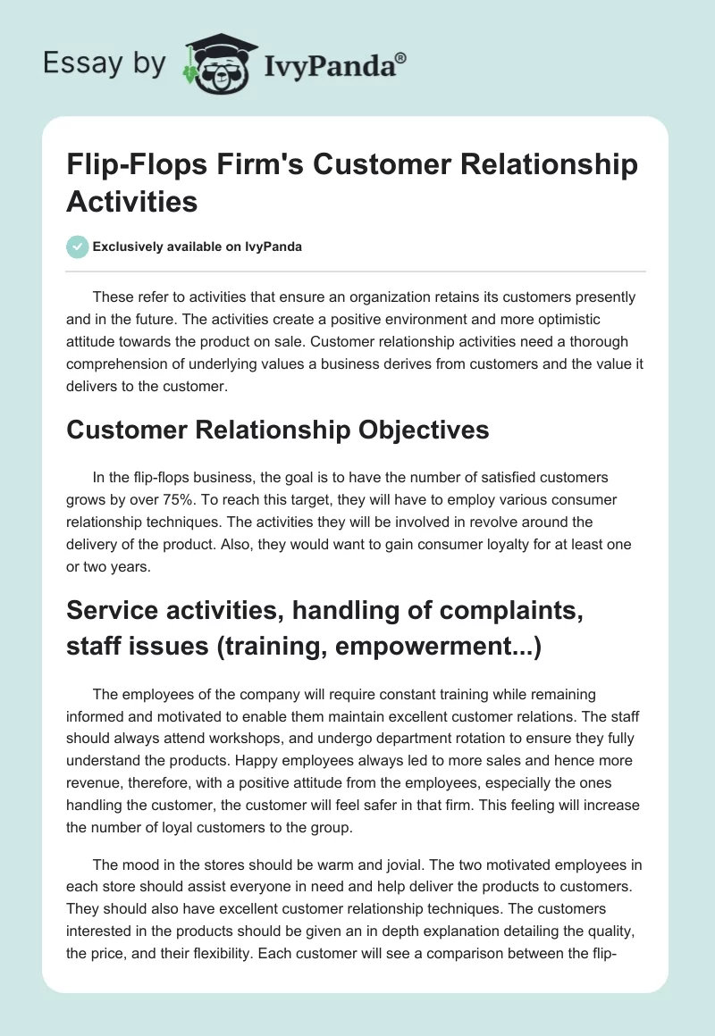 Flip-Flops Firm's Customer Relationship Activities. Page 1