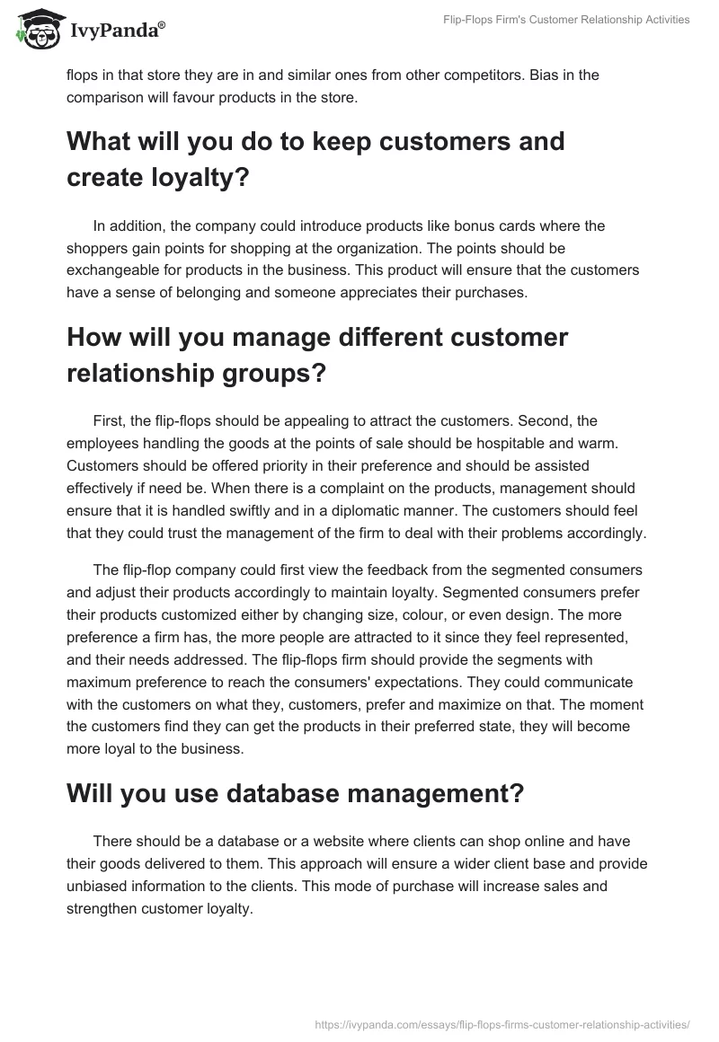 Flip-Flops Firm's Customer Relationship Activities. Page 2