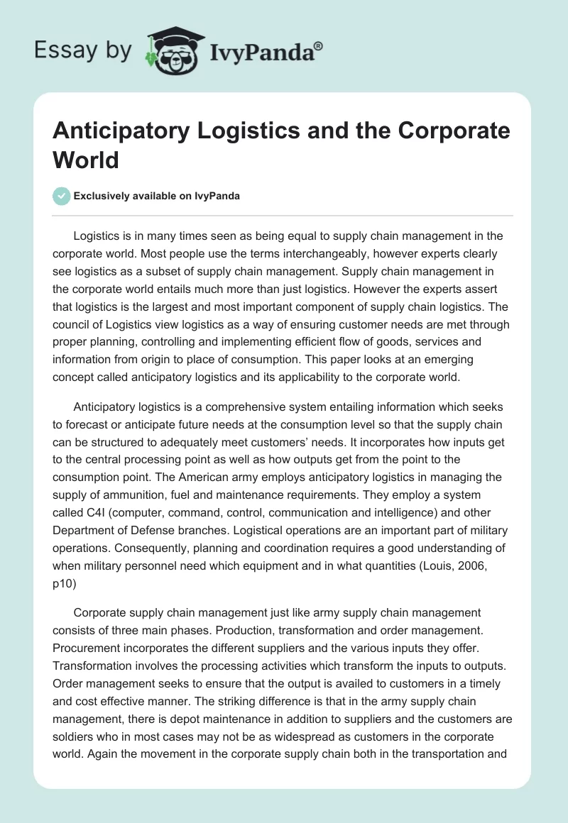 Anticipatory Logistics and the Corporate World. Page 1