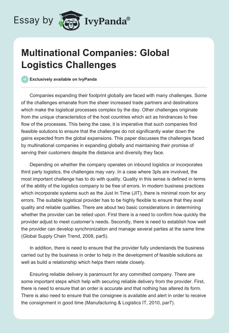 Multinational Companies: Global Logistics Challenges. Page 1