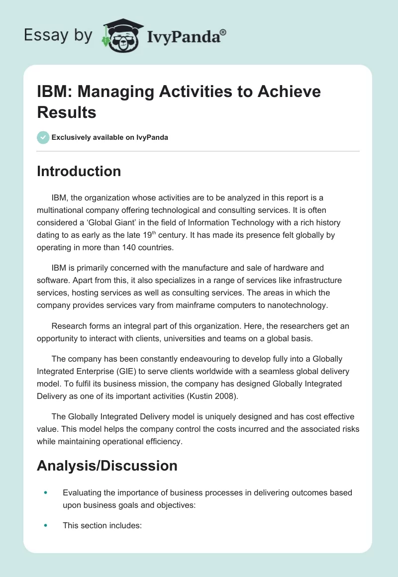 IBM: Managing Activities to Achieve Results. Page 1