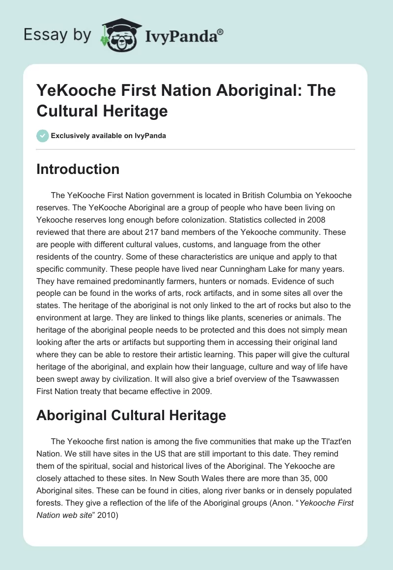 YeKooche First Nation Aboriginal: The Cultural Heritage. Page 1