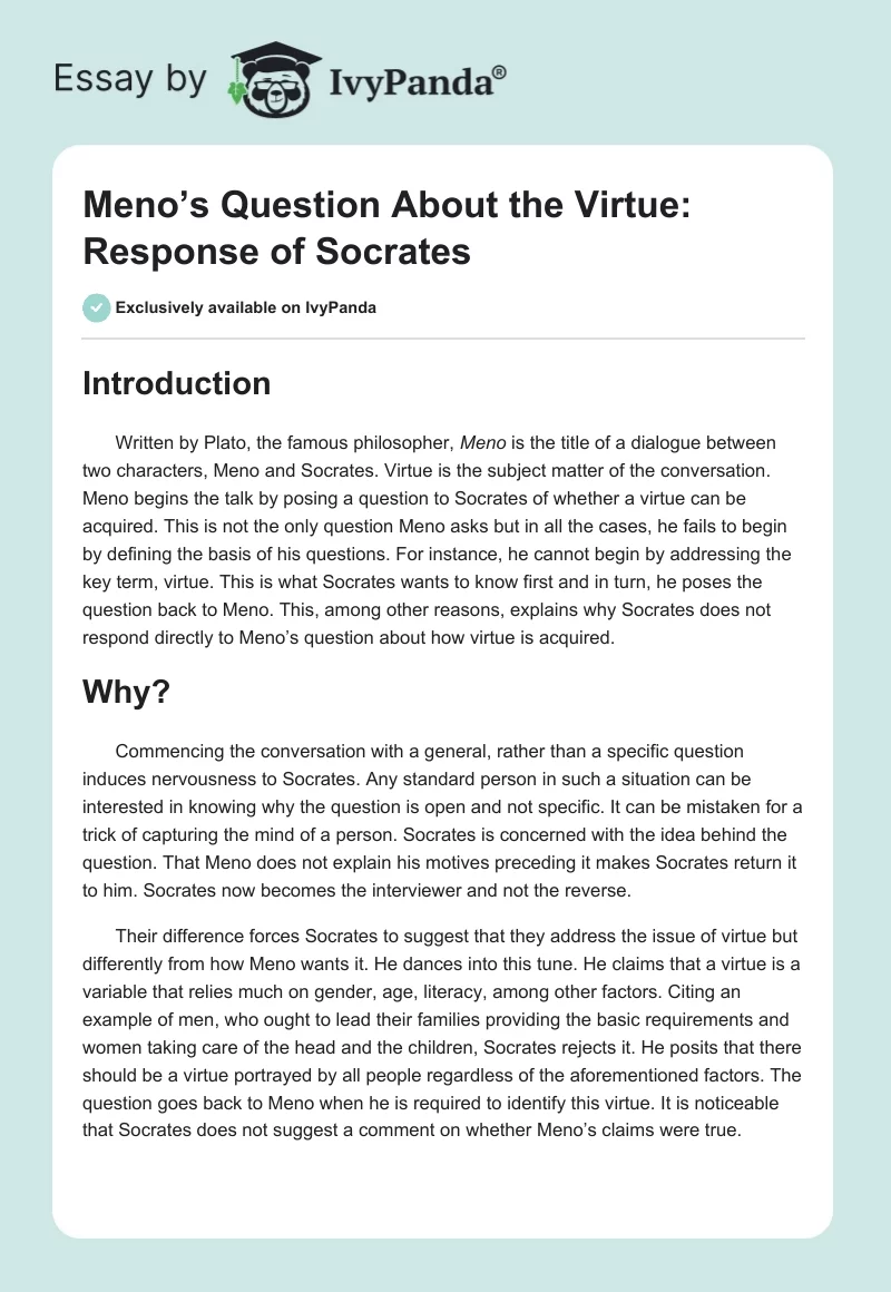 Meno’s Question About the Virtue: Response of Socrates. Page 1