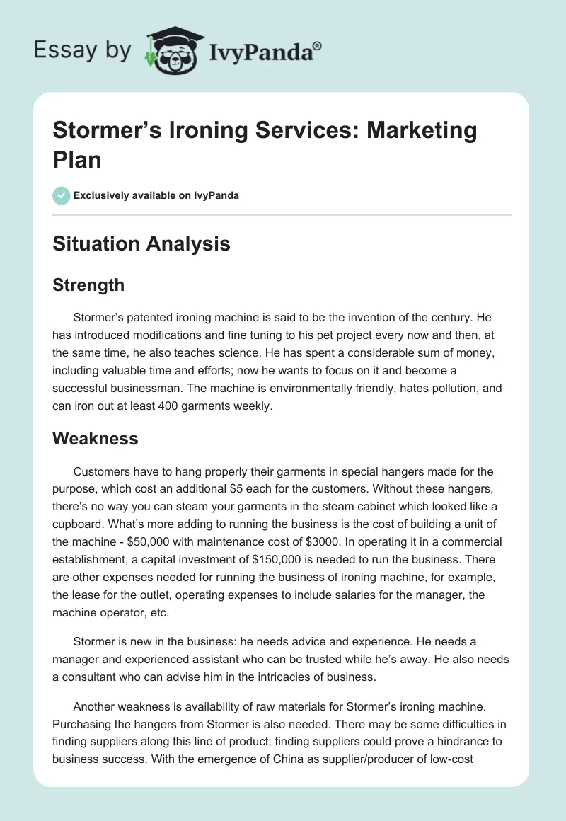 Stormer’s Ironing Services: Marketing Plan. Page 1