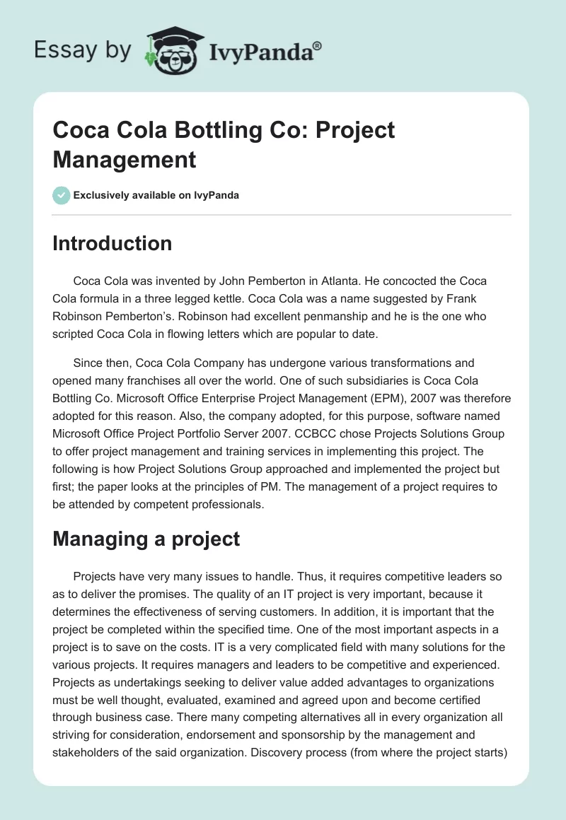 Coca Cola Bottling Co: Project Management. Page 1