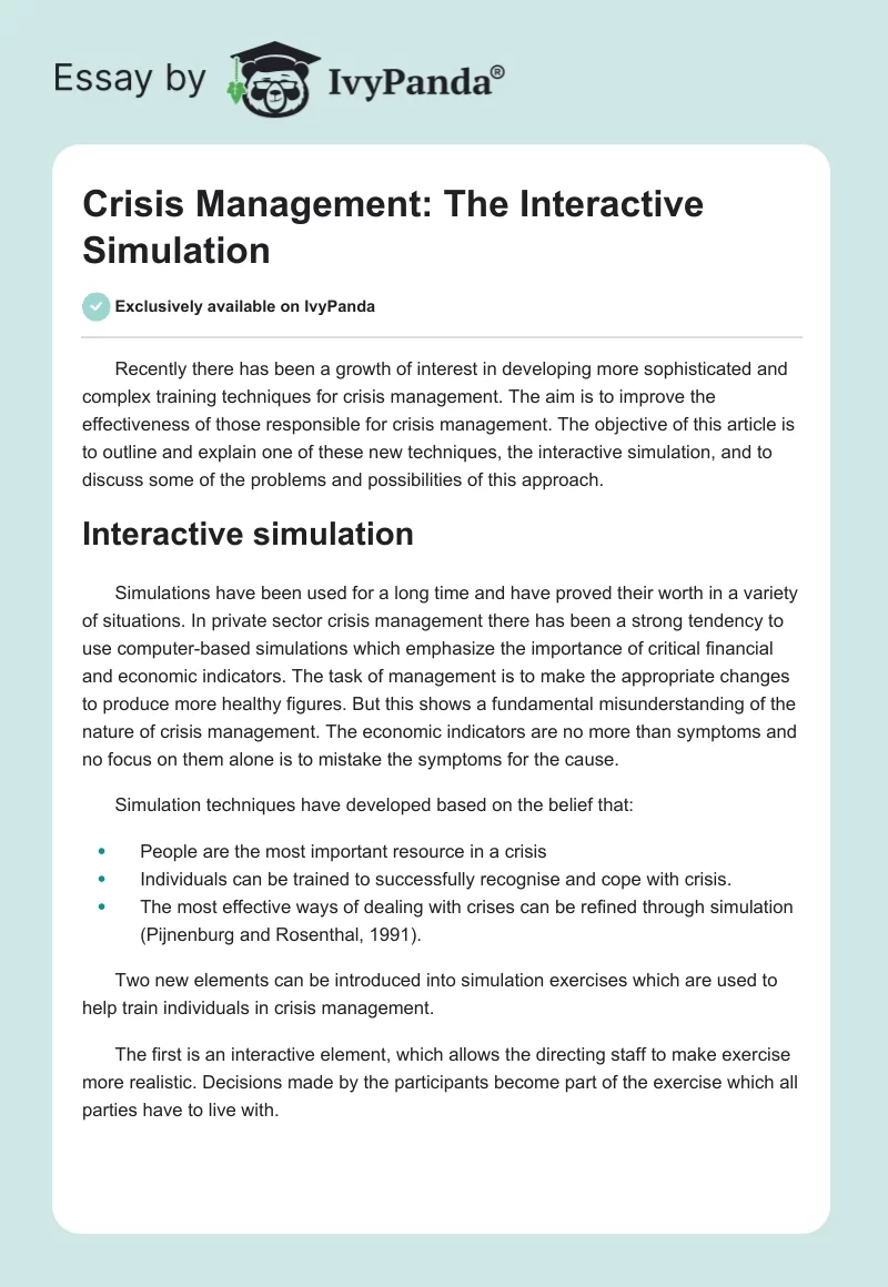 Crisis Management: The Interactive Simulation. Page 1