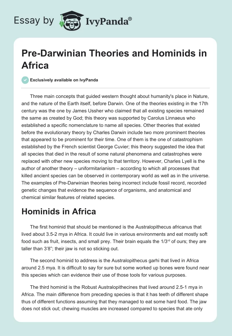 Pre-Darwinian Theories and Hominids in Africa. Page 1