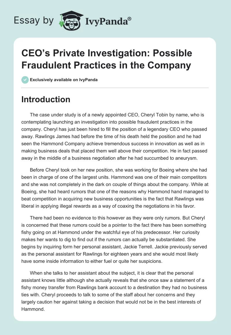 CEO’s Private Investigation: Possible Fraudulent Practices in the Company. Page 1