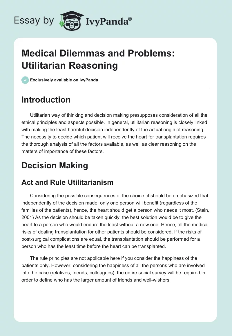 Medical Dilemmas and Problems: Utilitarian Reasoning. Page 1