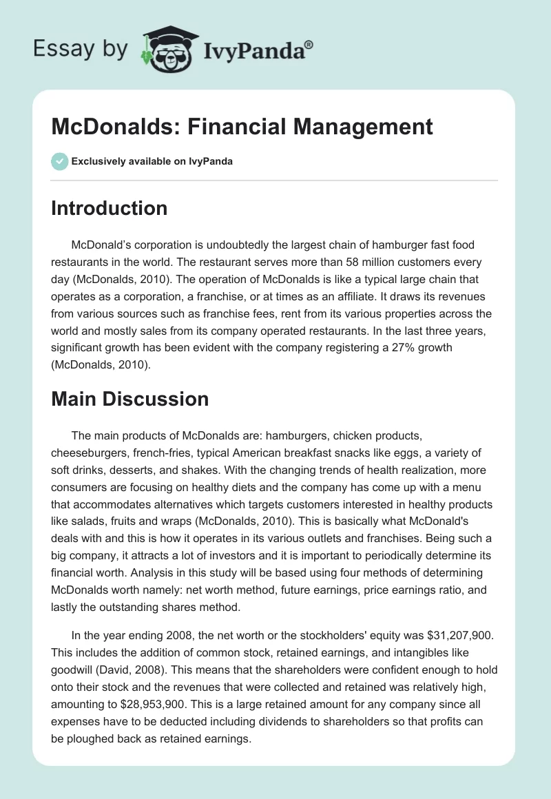 McDonalds: Financial Management. Page 1
