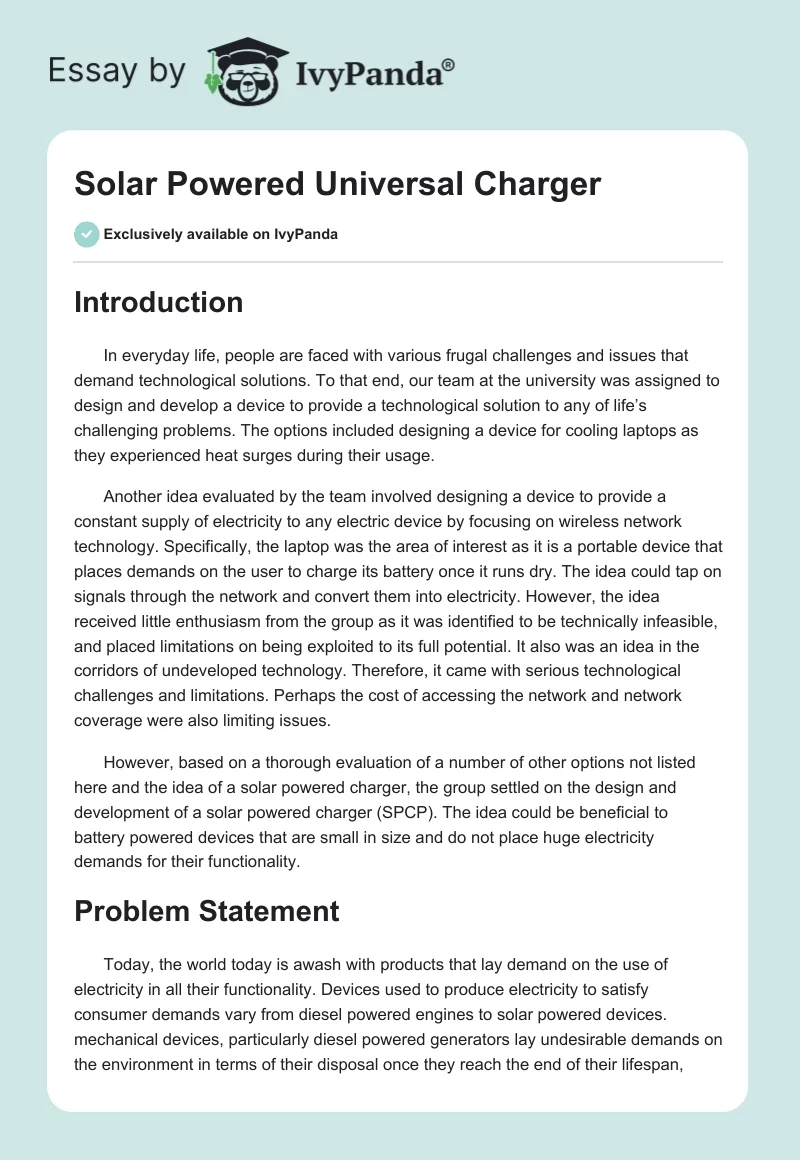 Solar Powered Universal Charger. Page 1