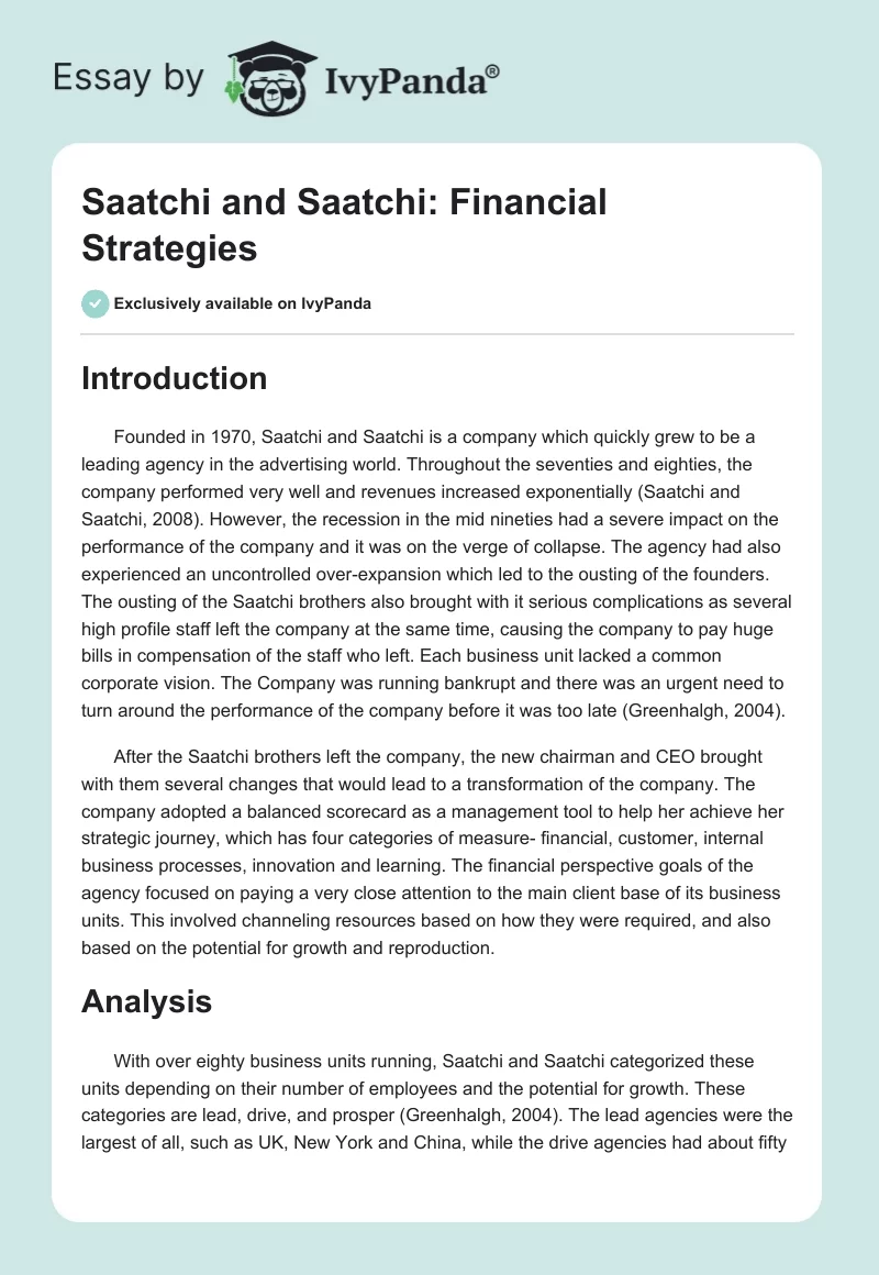 Saatchi and Saatchi: Financial Strategies. Page 1