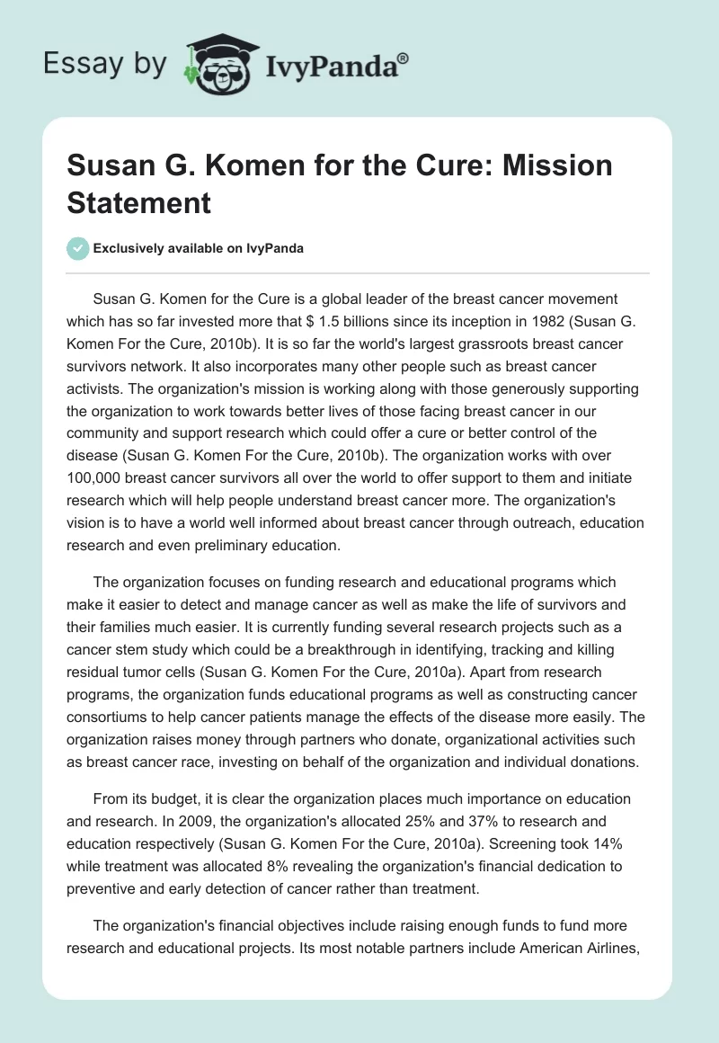 Susan G. Komen for the Cure: Mission Statement. Page 1