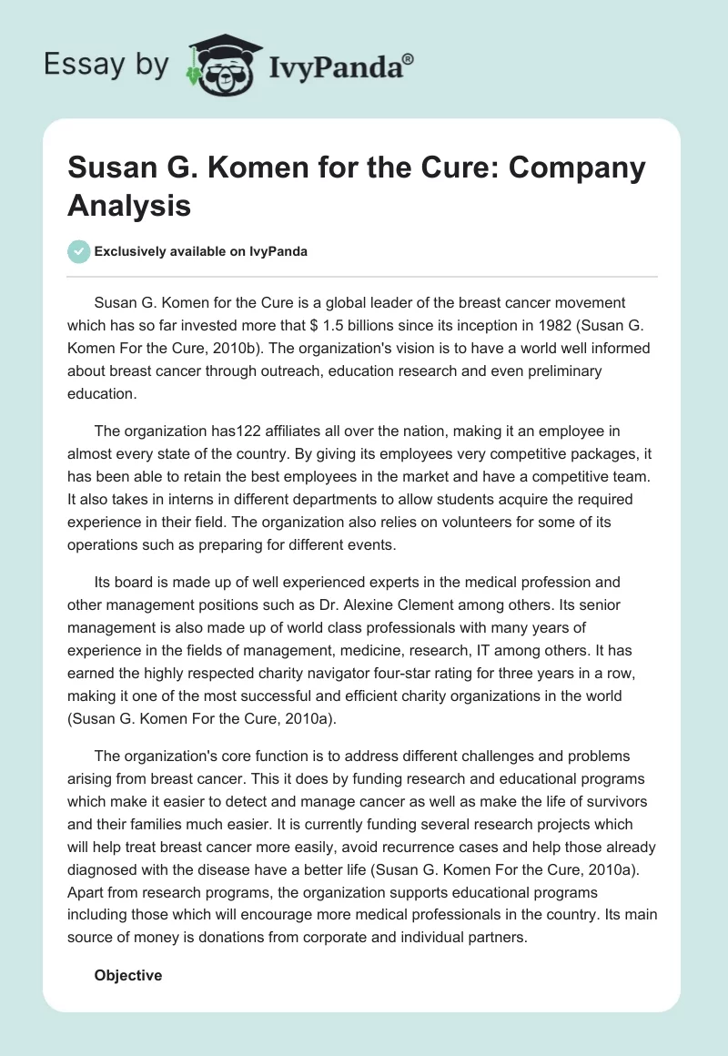 Susan G. Komen for the Cure: Company Analysis. Page 1