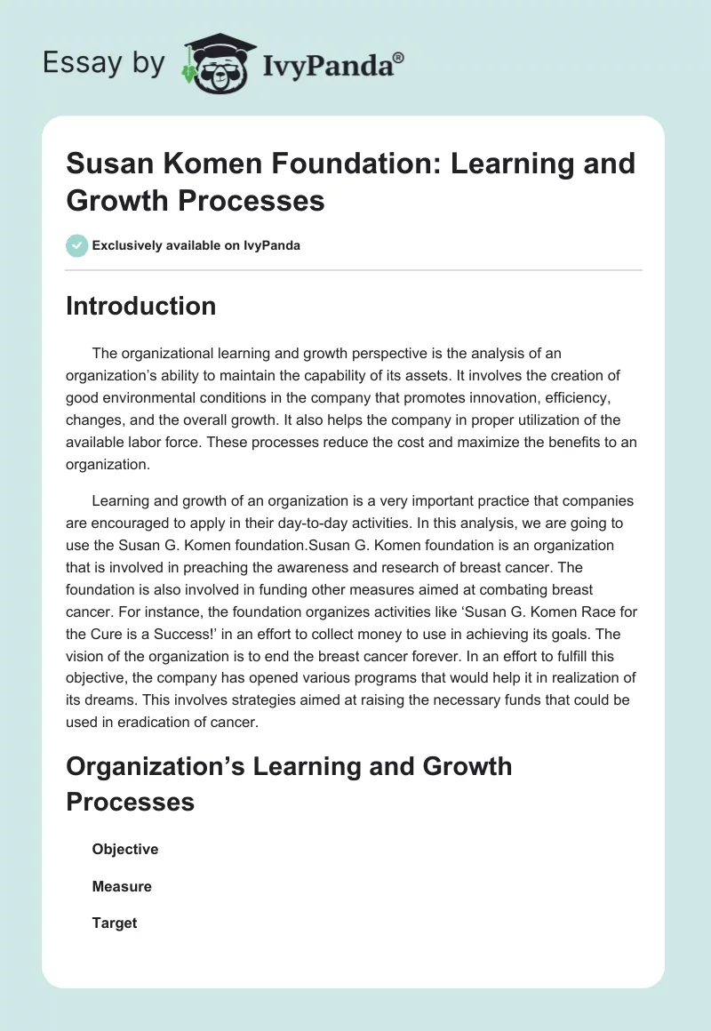 Susan Komen Foundation: Learning and Growth Processes. Page 1