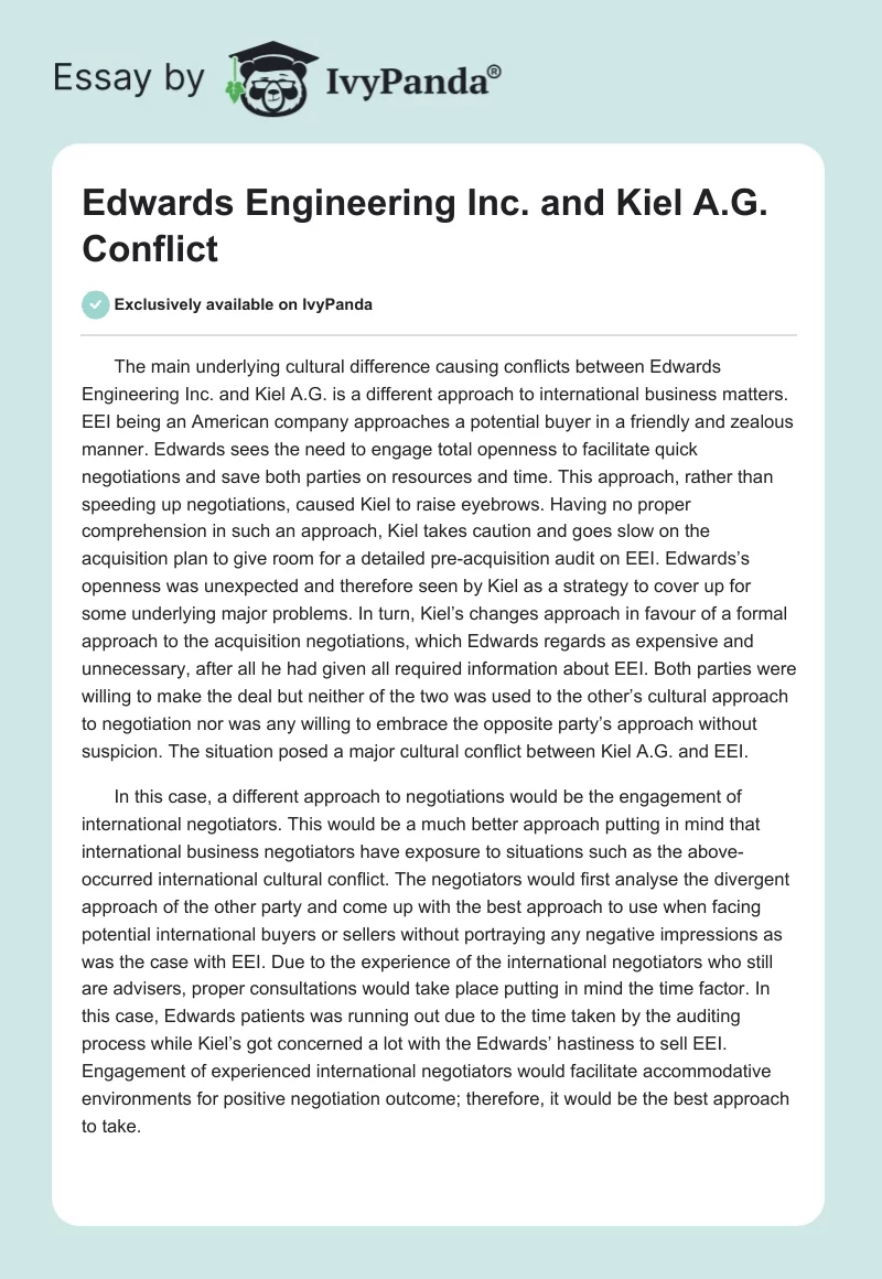 Edwards Engineering Inc. and Kiel A.G. Conflict. Page 1