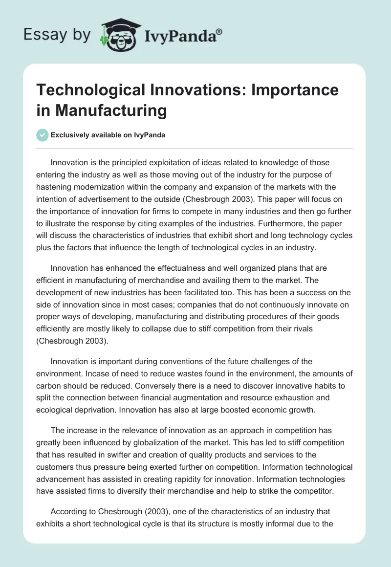 Technological Innovations: Importance in Manufacturing. Page 1
