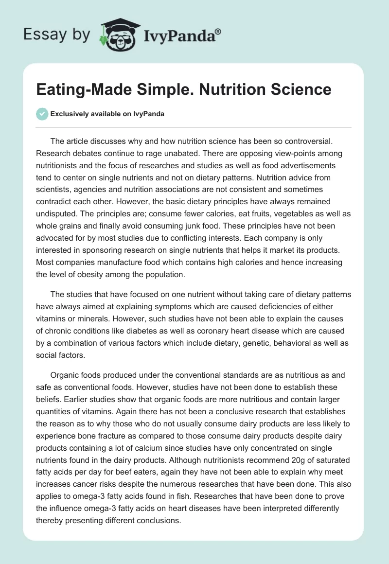 Eating-Made Simple. Nutrition Science. Page 1