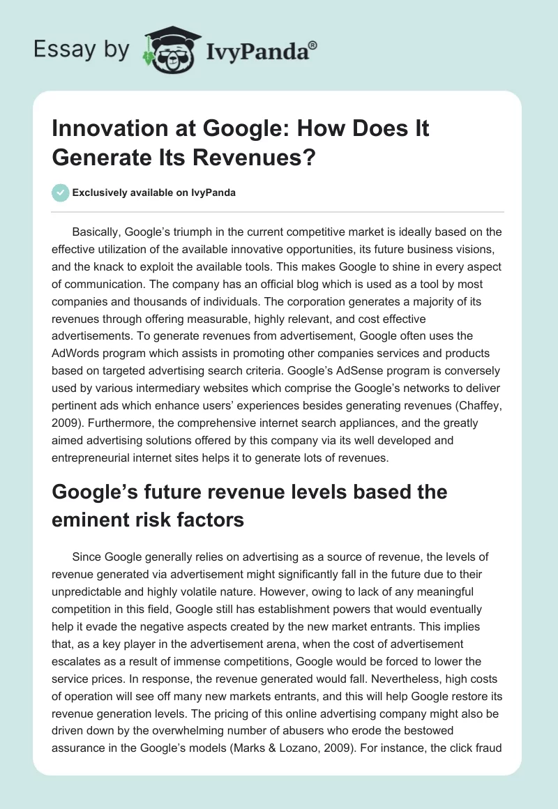 Innovation at Google: How Does It Generate Its Revenues?. Page 1