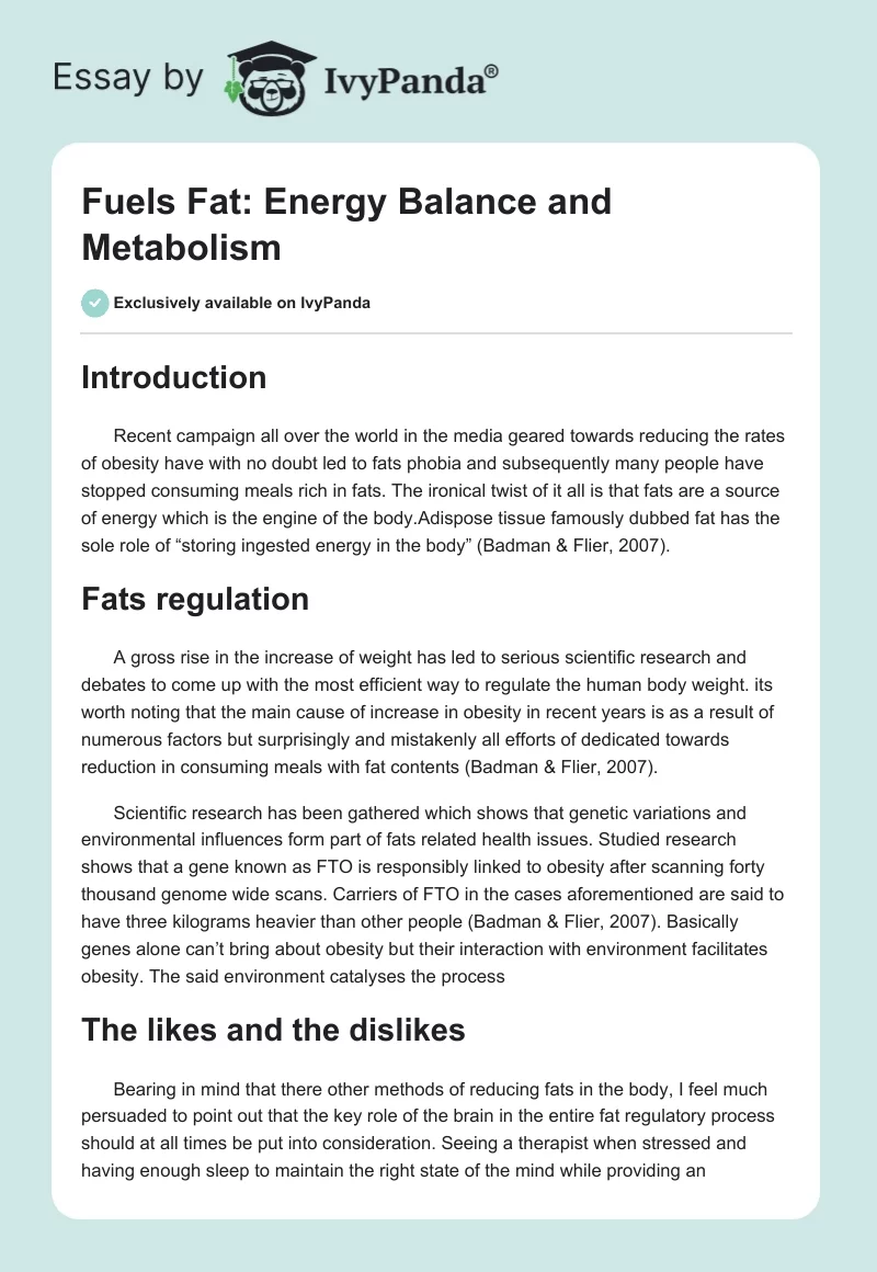 Fuels Fat: Energy Balance and Metabolism. Page 1