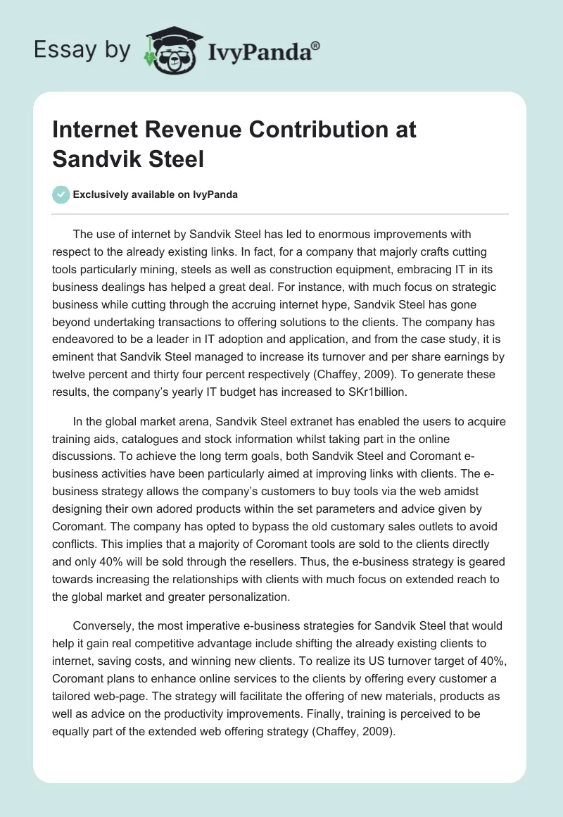 Internet Revenue Contribution at Sandvik Steel. Page 1